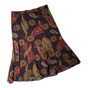 Vtg 1970s Black Jersey Knit Paisley Print Elastic Waist Broomstick Midi Skirt 14